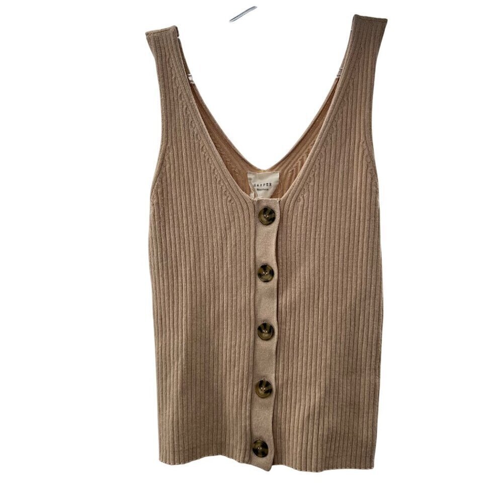 Harper Heritage Women's Ribbed Button Up Cropped Tank Top Tan Size Small